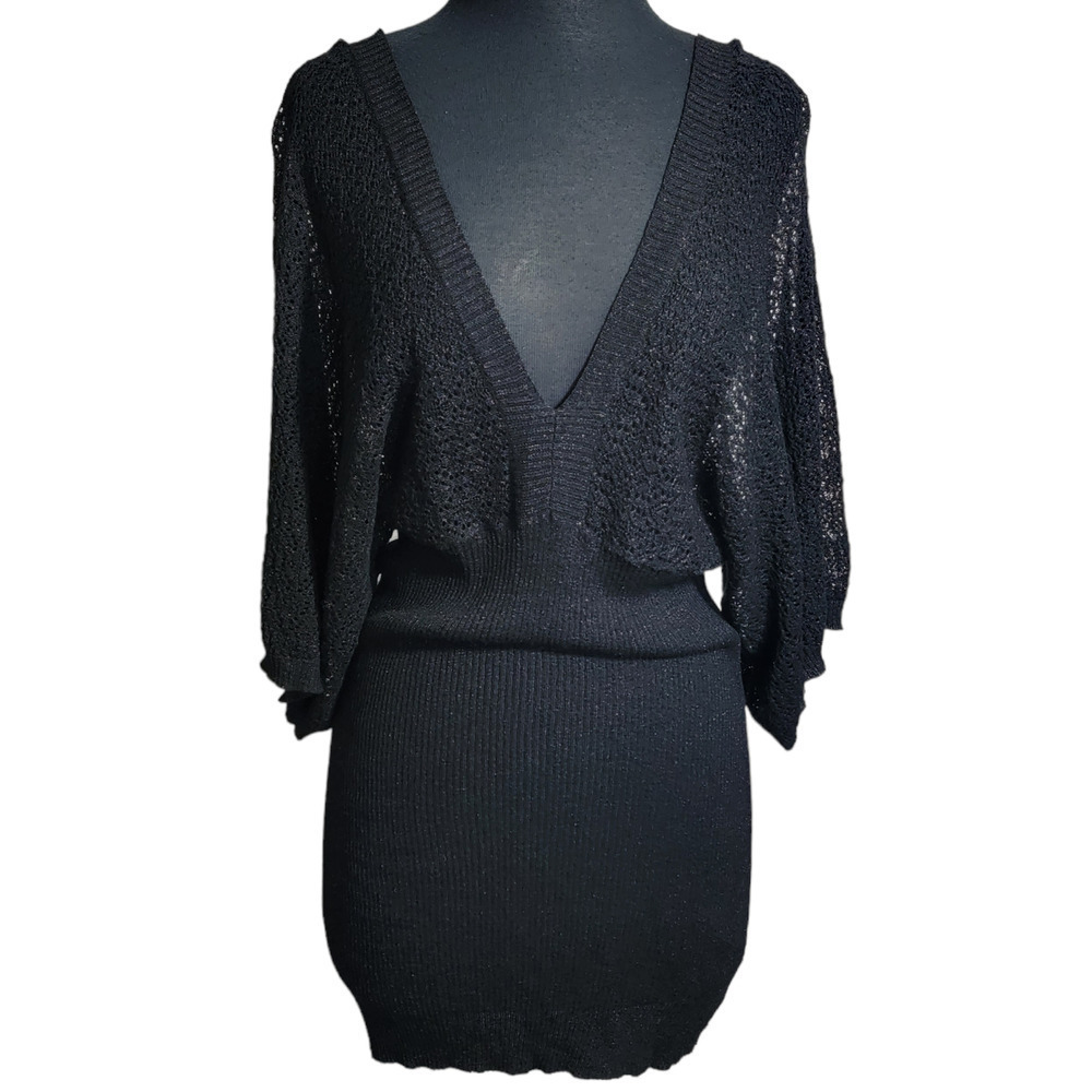 Marquis Ribbed Surplice Sweater Dress v neck black sz M